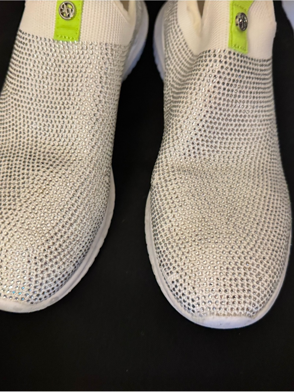 Nine West White Knit Slip-On Sneakers with Neon Yellow Tabs